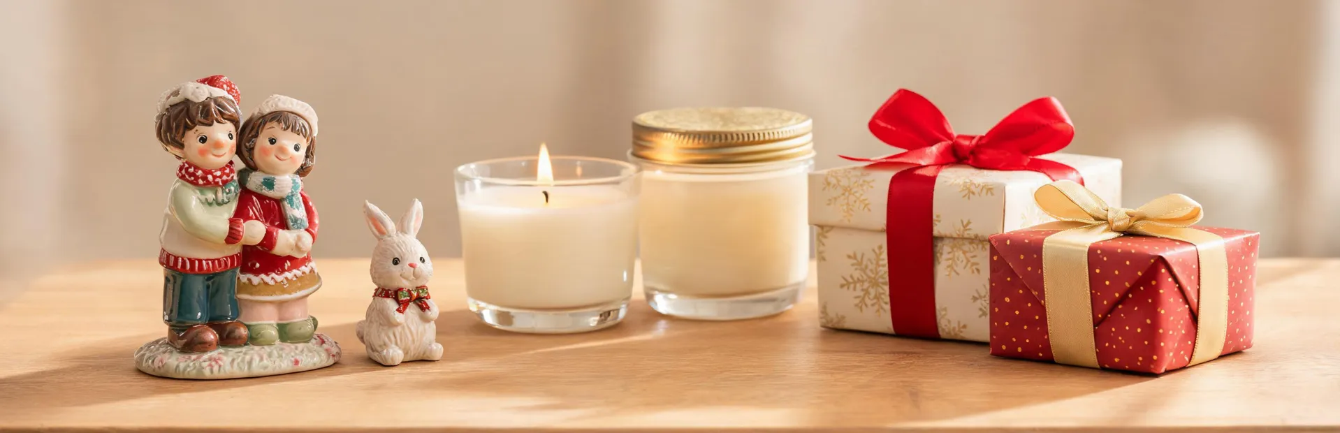 Enesco collectible figurines and scented candles arranged for a holiday gift table